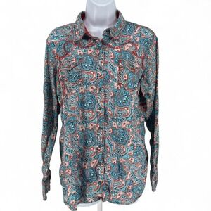 Ariat Women's XL Western Paisley Snap Button Shirt Red Teal Cotton